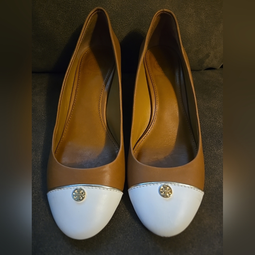 Tory Burch Women's Ivory Brown TIFFY Wedge-Mason Leather Shoes